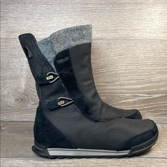 Teva Haley Waterproof Black Leather Gray Warm Women’s Sz 6 Pull On Winter Boots - Picture 1 of 13